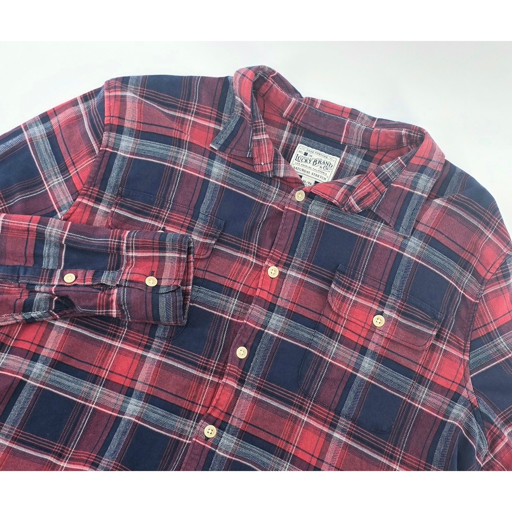 Lucky Brand Saturday Stretch Plaid Flannel Shirt Size XL Men Red Navy Casual